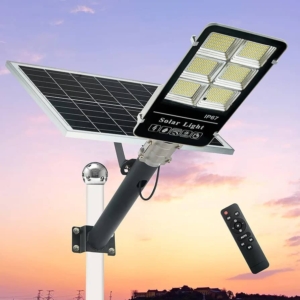 A 400W LED solar street light with remote control, waterproof design, and mounting arm for outdoor use