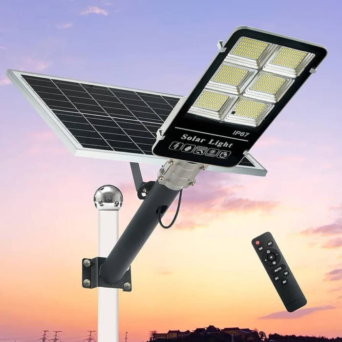 A 400W LED solar street light with remote control, waterproof design, and mounting arm for outdoor use